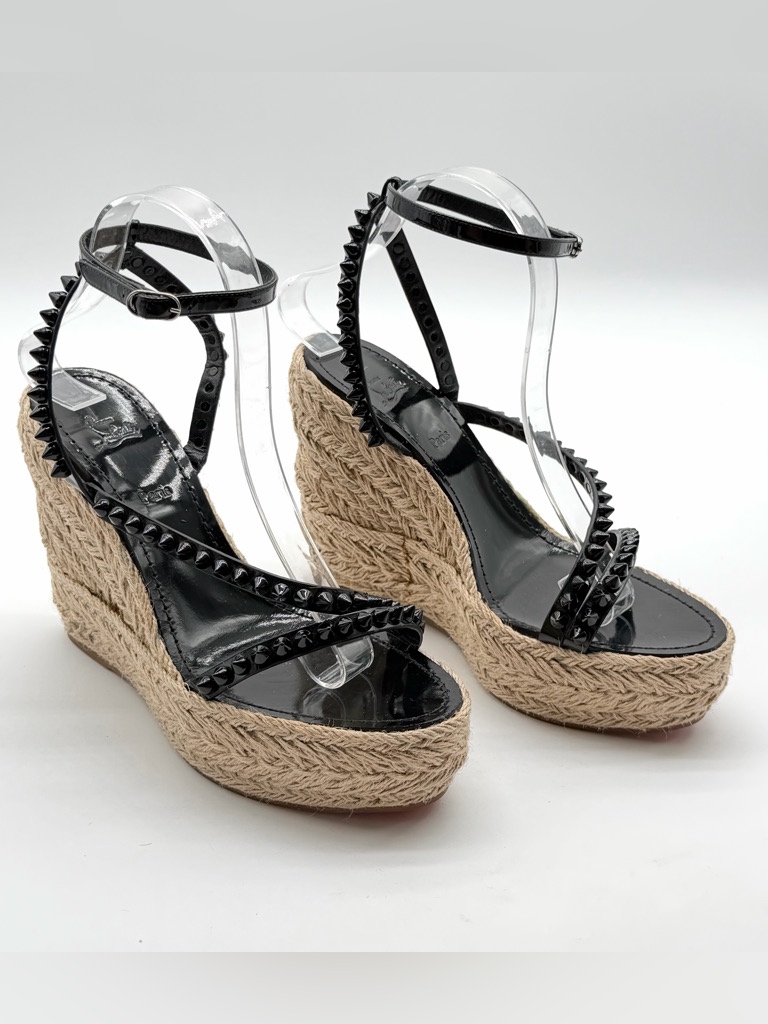 Christian Louboutin Mafaldina Zeppa Black Leather Espadrille Wedge Eu 40 Us 10